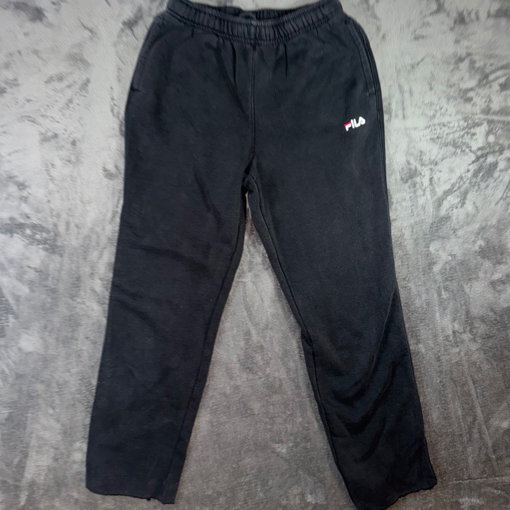 Mens Small FILA Sweatpants Black Good Raw Hem Vintage Logo Fleece Joggers